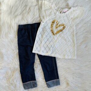 Little Lass | Cream Lace & Gold Bling Heart Two-Piece Outfit | Size 6X